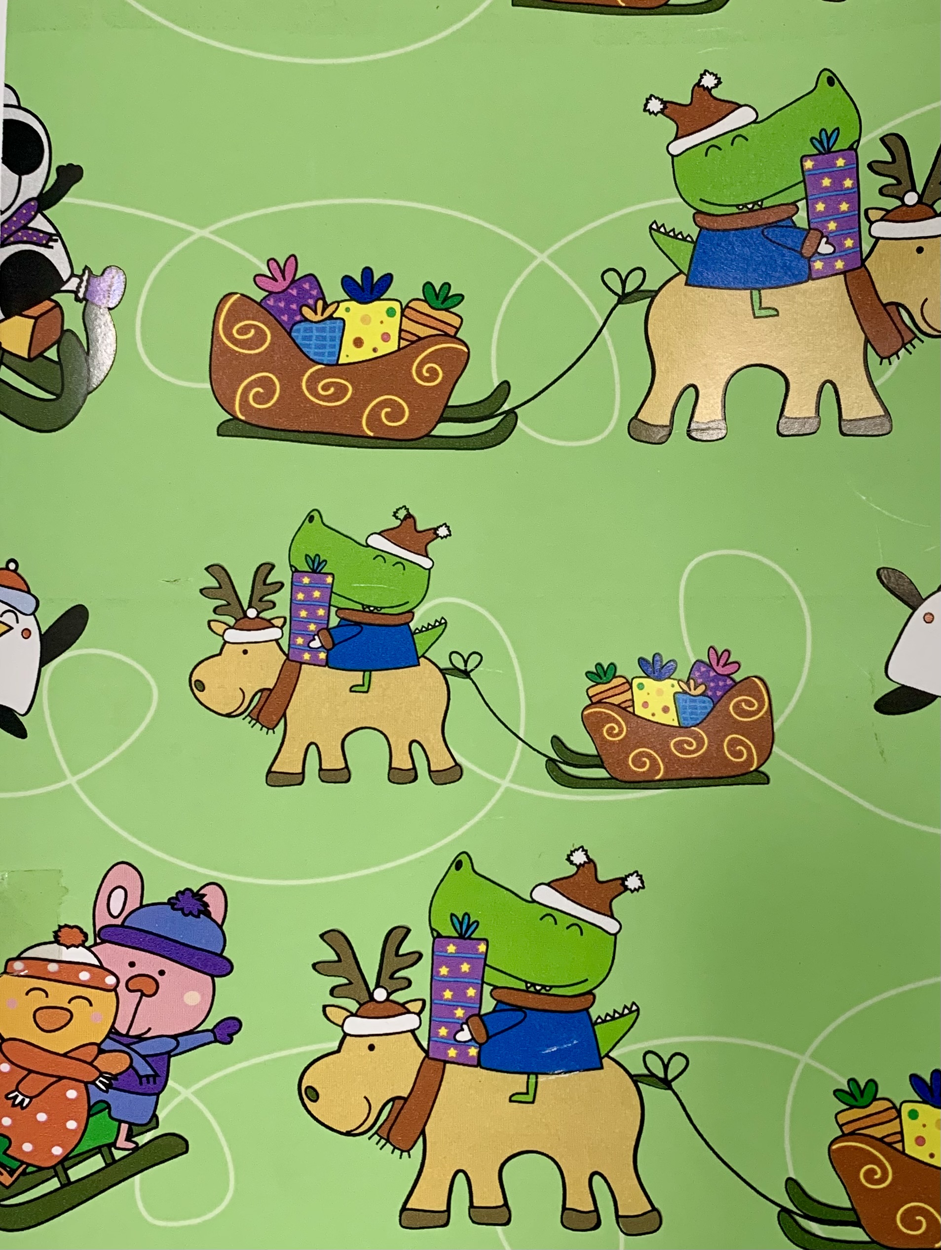 Weihnachts-Geschenkpapier Weihnachtskrokodil 50 cm x 50 m für Großhändler, niedliches Krokodil-Motiv mit Weihnachtsmütze