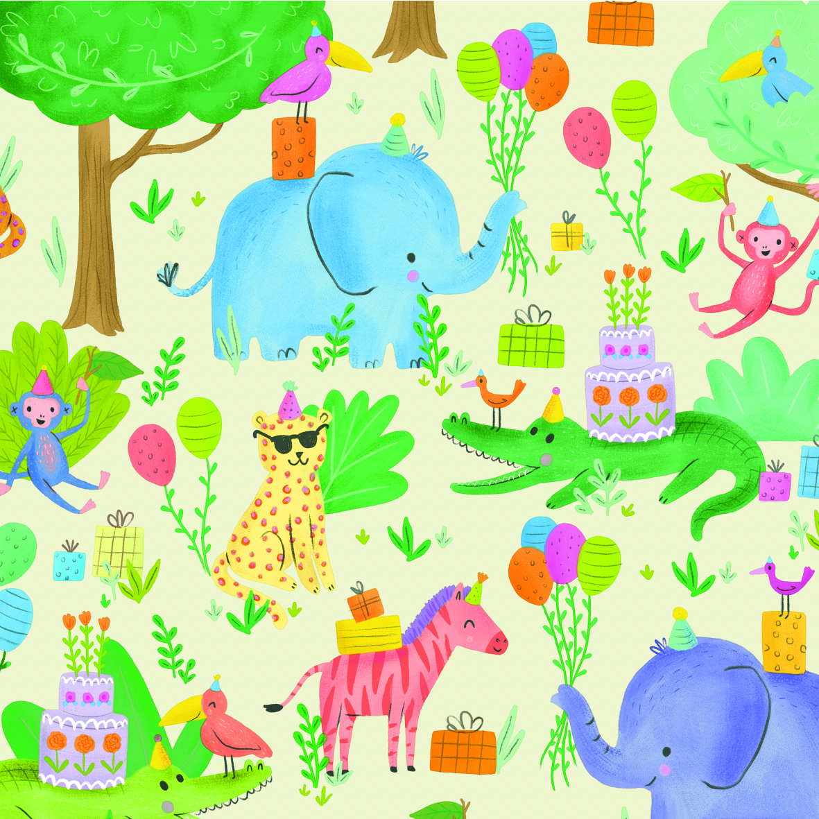 Kinder Geschenkpapier Tierparty 50 cm x 50 m für Großhändler, Elefant, Leopard, Affe, Krokodil, Luftballons, Torte und Geschenke, sehr bunt