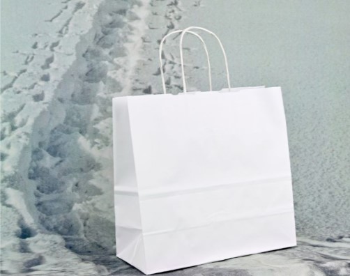 Weiße Papiertragetasche aus robustem Kraftpapier mit gedrehter Papierkordel, Vorderansicht.