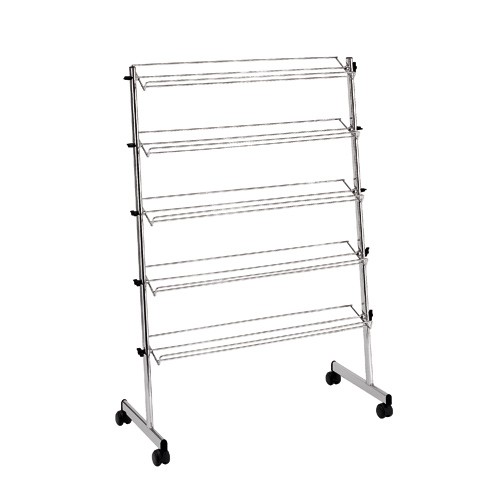 Mobiler Schuhständer aus verchromtem Metall mit 5 stabilen Ablagen und 50 mm Kunststoffrollen, diagonal gebremst, Maße ca. 100×140 cm.