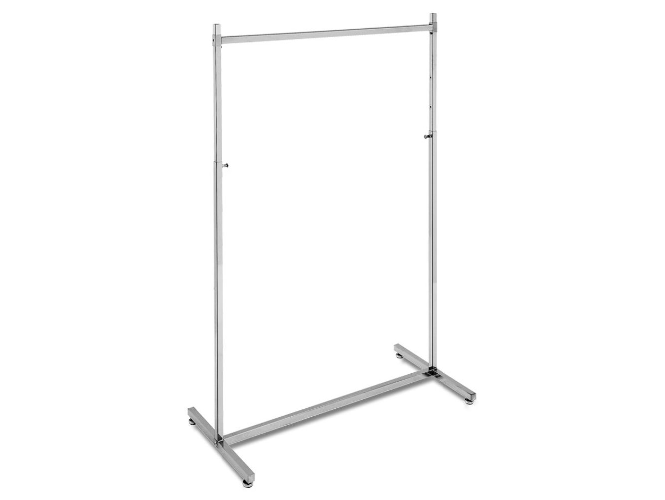 Höhenverstellbarer Abhängeständer aus verchromtem Vierkantrohr, Länge 100 cm, Tiefe 40 cm, höhenverstellbar 129–189 cm, stabile Stellteller, ideal für Shops oder Zuhause.