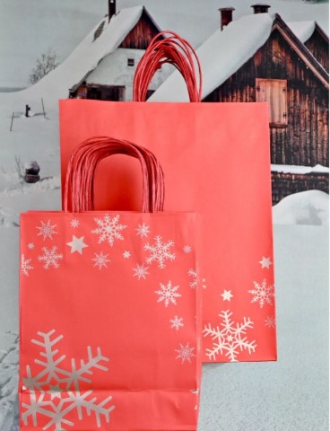 Papiertragetasche Schneeflocke Rot 22 cm mit Papierkordel, 25 Stück festlich verpackt