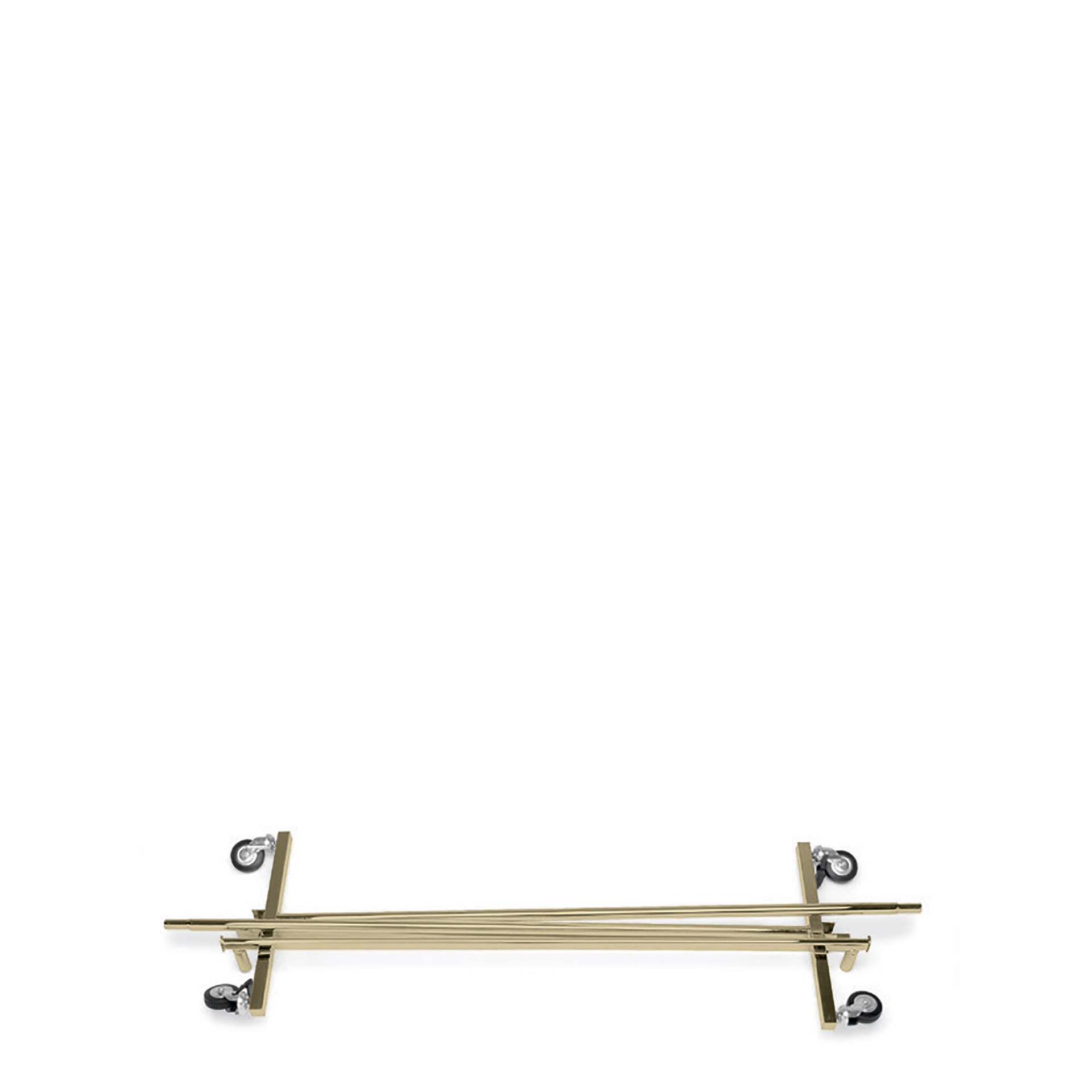 Klappbarer Rollständer in hochwertiger Goldoptik, zusammengeklappt für einfachen Transport und platzsparende Lagerung.