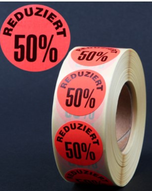 Klebeetiketten 32mm rund, bedruckt "reduziert 50%" 1000 Stk.