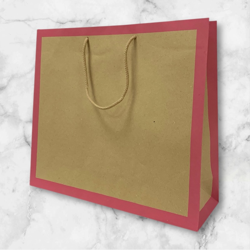 Papiertragetasche Frame-Pink groß 42x13x37,6 cm mit Baumwollkordel, Braun mit pinkem Rahmen