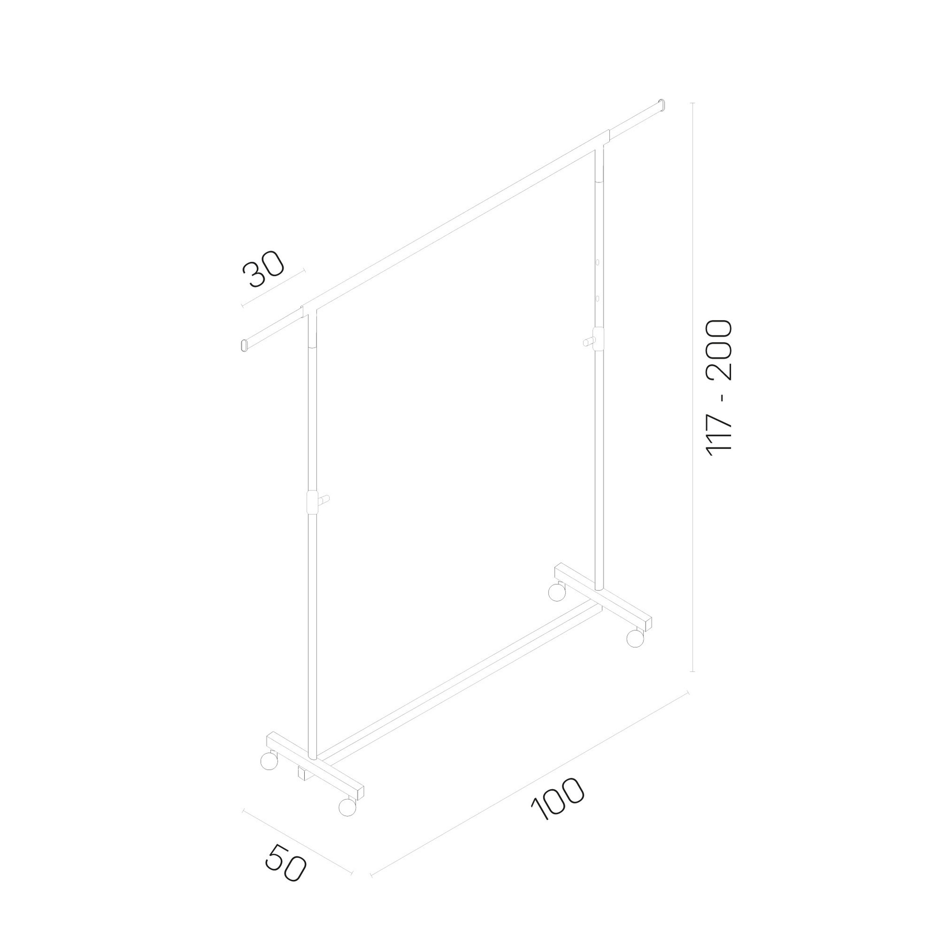Technische Zeichnung des weißen Rollständers, Höhe 117–200 cm, Länge 100 cm, beidseitige Auszüge je 30 cm, 4 Rollen.