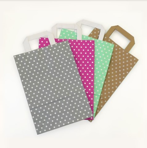 Bunte Flachhenkel-Papiertragetasche mit weißen Punkten, nachhaltig, 25 Stück