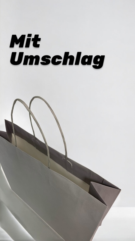 Graue Papiertragetasche mit Umschlag und Papierkordel, Draufsicht von oben, Größe wählbar, 25 Stück pro Packung