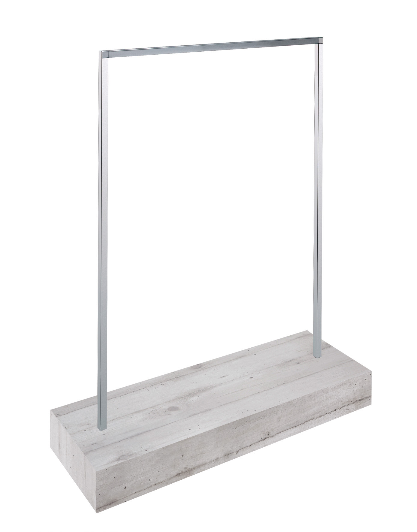 Abhängeständer aus verchromtem Vierkantrohr 119×40 cm mit Holz-Korpus im Dekor Cemento, stilvolle Präsentation von Kleidung.