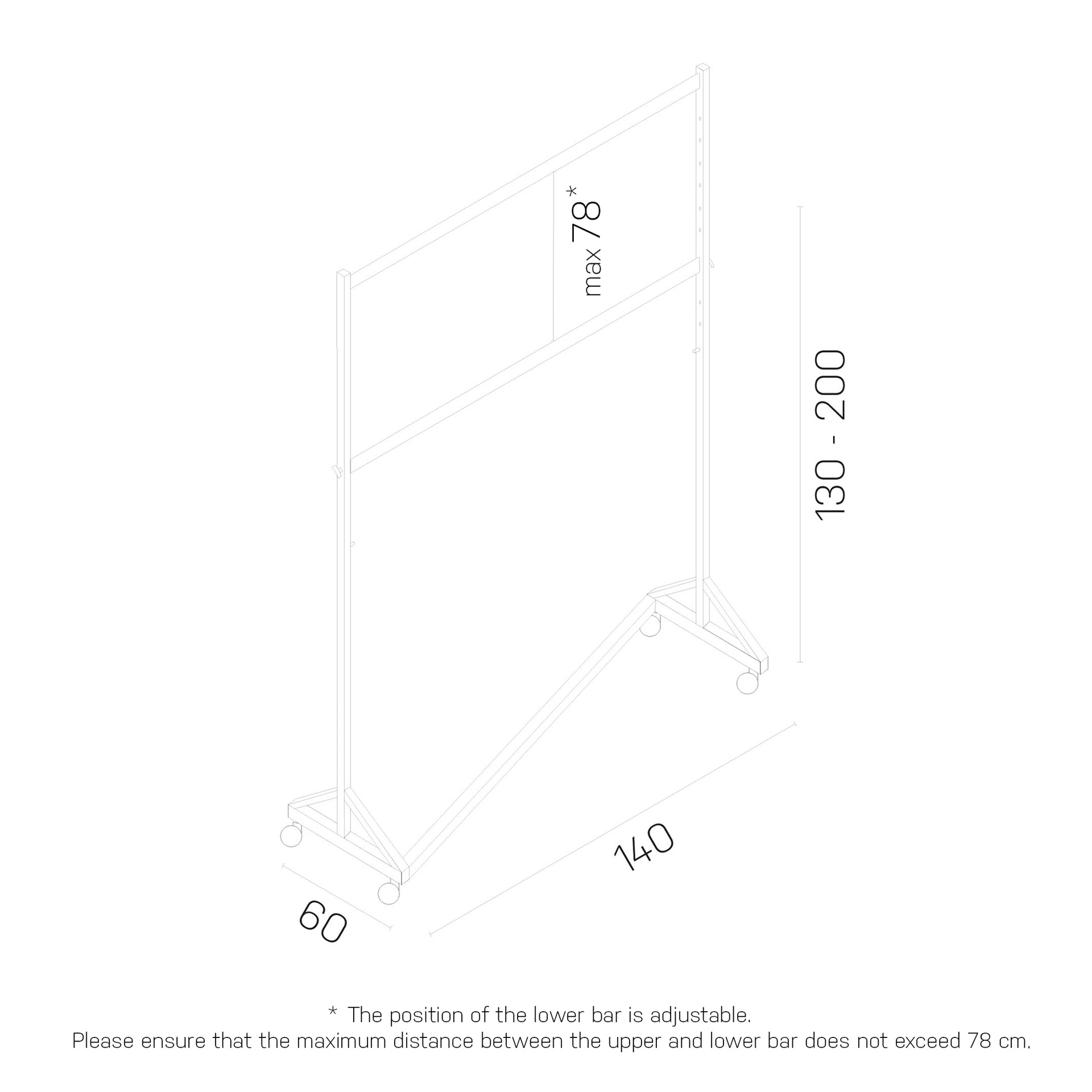 Technische Zeichnung des schwarzen/chrom Rollständers 140 cm Länge, höhenverstellbar 130–200 cm, Tiefe 60 cm, Belastbarkeit 150 kg.