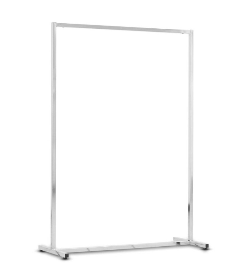 Verchromter Abhängeständer aus Vierkantrohr, Höhe 150 cm, Tiefe 49 cm, erhältlich in 80 cm oder 100 cm Länge – ideal für Shops oder Zuhause.