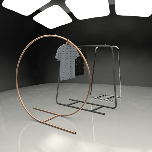 Abhängeständer Rundbogen aus Rundrohr Ø30 mm, kupferfarben, Höhe 160 cm, Länge 160 cm, Breite 55 cm, stabiler Stellteller – elegante Präsentation von Kleidung.