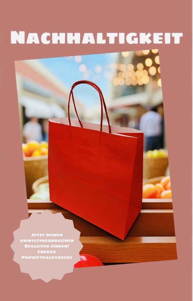 Papiertragetasche in Cherry mit gedrehter Papierkordel aus Kraftpapier